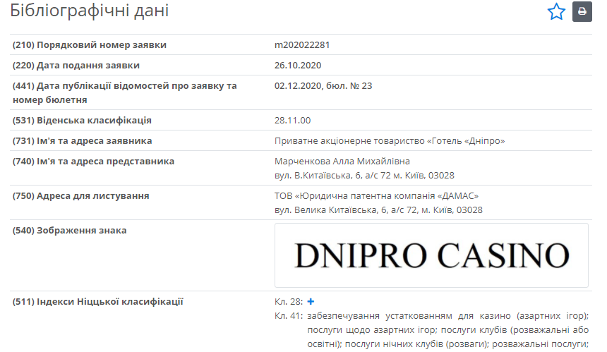 Зарегистрирована торговая марка "Dnipro Casino" qzeiqekidridzkglv