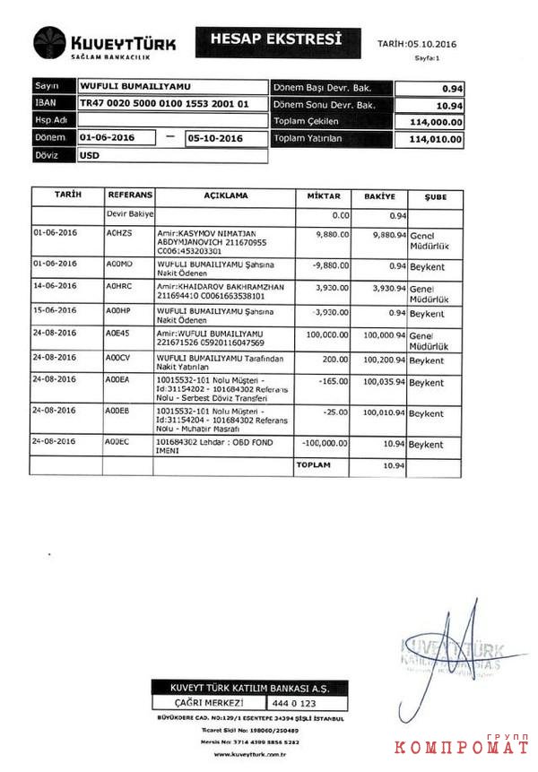 Переданная Саймаити выписка из банка показывает, что на счете, открытом на имя его супруги, было очень мало движений, если не считать один перевод на $100 тысяч — типичный признак операции по отмыванию денег